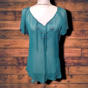 Sheer Teal Green Maurices Peasant Blouse